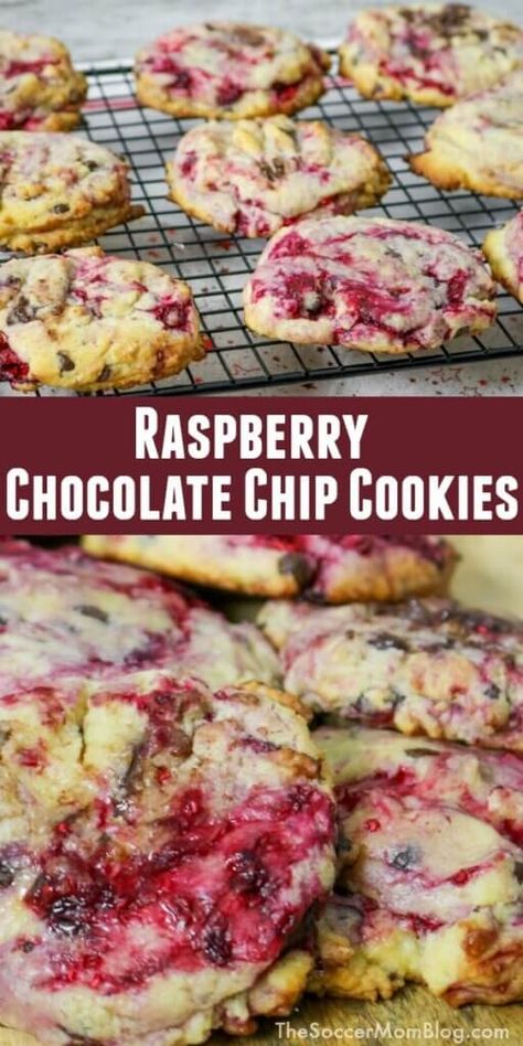 Chocolate Raspberry Cookies Recipes, Raspberry Chocolate Cookies, Raspberry Cream Cheese Cookies, Raspberry Chocolate Chip Cookies, Raspberry Cookie Recipes, Strawberry Chocolate Chip Cookies, Raspberry Chocolate Chip, Easy Cookie Recipe, Raspberry Cookies