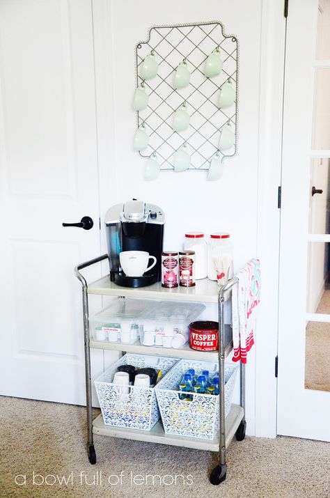 Organized Drink Station - A Bowl Full of Lemons  12 Keurig Station, Best Friend Birthday Surprise, Coffee Bar Station, Coffee Wallpaper, Drink Station, Coffee Bar Home, Dorm Life, Coffee Corner, Coffee Carts