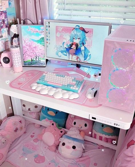 Kawaii Gaming Room Setup, Nintendogrl Room, Kawaii Gamer Setup, Cutecore Gaming Setup, Kawaii Pc Setup, Kawaii Gaming Setup, Gamer Girl Setup, Kawaii Setup, Pink Gaming Setup