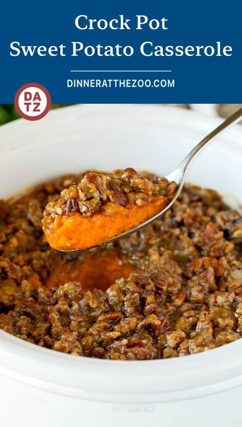 This crock pot sweet potato casserole is yams mashed with sweetener, vanilla and spices, then finished off with a brown sugar pecan topping. Sweet Potato Recipes Crockpot Crock Pot, Crockpot Sweet Potato Casserole With Canned Yams, Crock Pot Sweet Potato Recipes, Sweet Potato Casserole In Crockpot, Crock Pot Sweet Potato Casserole, Crockpot Sweet Potato Casserole, Slow Cooker Sweet Potato Casserole, Sweet Potato Casserole Crock Pot, Crock Pot Sweet Potatoes