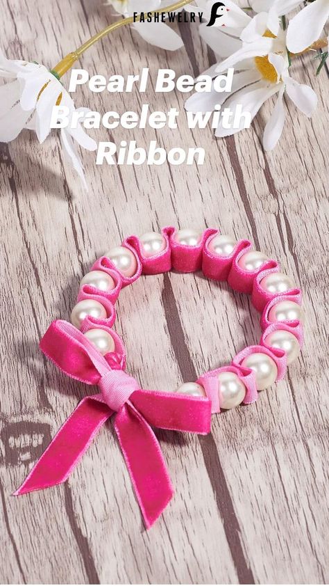 Ribbon Bracelet Diy, Beads Sewing, Pearl Bead Bracelet, Sulaman Pita, Jewelry Friendship, Diy Hair Accessories Ribbon, Ribbon Crafts Diy, Bracelets Handmade Diy, Handmade Flowers Fabric