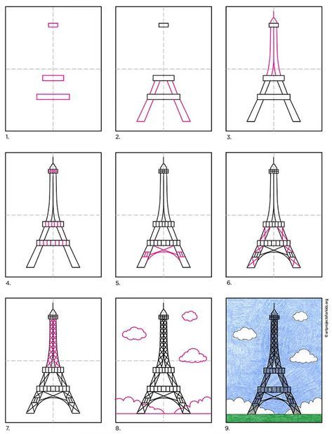 Eiffel Tower Drawing Easy, Eiffel Tower Craft, Eiffel Tower Drawing, Tower Drawing, Eiffel Tower Pictures, Eiffel Tower Painting, Eiffel Tower Art, Art For Kids Hub, Eiffel Tower At Night