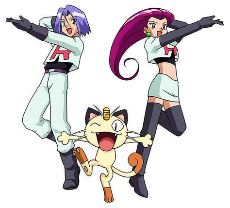 Ash and his friends are constantly being chased by two drag queens and a cat from Brooklyn. Team Rocket Costume, Pokemon Jessie And James, Jessie Team Rocket, Pokemon Challenge, Bebop And Rocksteady, Group Cosplay, Pokemon Team Rocket, Trio Costumes, Pokemon Tv