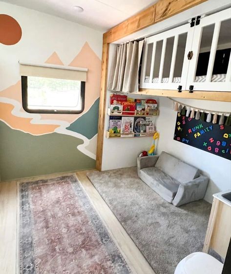 Camper Bunks Remodel, Rv Toddler Bed Ideas, Rv Bunkhouse Remodel Kids, Bunkhouse Travel Trailer Remodel, Rv Kids Room Ideas, Camper Bunk Room, Camper Living With Kids, Camper Bunkhouse Remodel, Rv Nursery Ideas