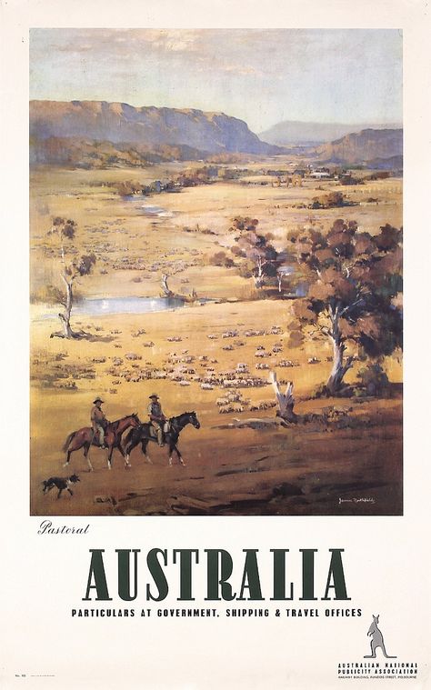 Lot 342: RARE 1930s Northfield Pastoral Australia Travel Poster - PosterConnection Inc. | AuctionZip Travel Signs, Vintage Australia, Posters Australia, Australian Vintage, Australia History, Old Posters, Australian Travel, Travel Ads, Travel Vintage