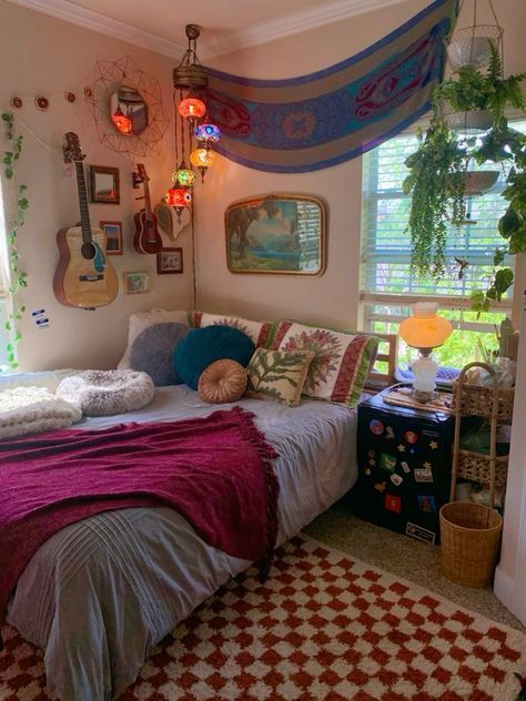 Very Small Bedroom Ideas Aesthetic, Small Apartment Decorating Maximalist, Maximalist Bed Frame, Boho Bedroom Maximalist, Bedroom In Your 20s, Space Between Bed And Wall, Witchy Room Ideas Bedrooms, Bohemian Eclectic Bedroom, Bedroom Maximalist Decor