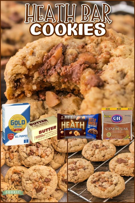 Health Bar Cookies Recipes, Oatmeal Heath Bar Cookies, Cookies With Heath Bar Bits, Salted Heath Chip Cookies, Salted Heath Cookies, Cookie Recipes With Heath Chips, Butterscotch Heath Cookies, Heath Bars Recipes Toffee, Desserts With Heath Bars