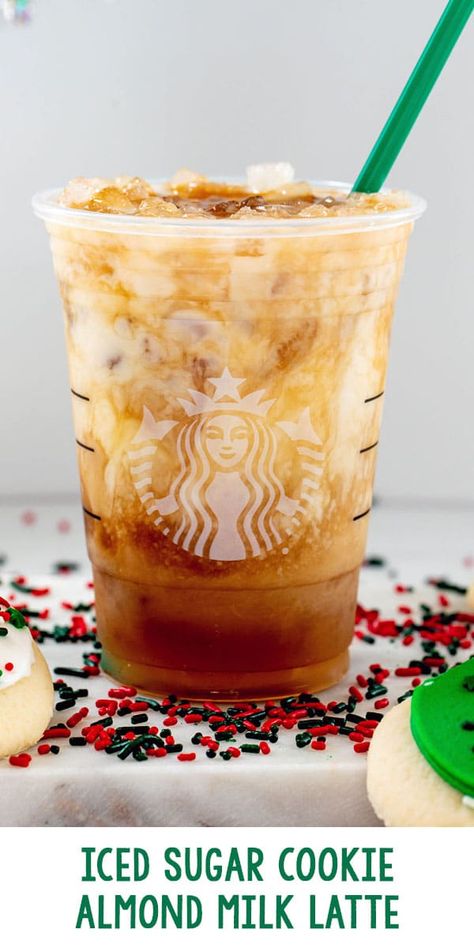 Iced Sugar Cookie Almond Milk Latte {Starbucks Copycat} Sugar Cookie Almond Milk Latte, Sugar Cookie Syrup, Copycat Drink Recipes, Copycat Starbucks Drinks, Starbucks Holiday Drinks, Almond Milk Latte, Nespresso Recipes, Cold Brew Coffee Recipe, New Drink