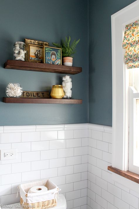 Charlotte Slate, Shelves Above The Toilet, 1920s Bathroom, Bungalow Bathroom, Display Artwork, Useful Items, 1920s House, Candle Wall, Downstairs Bathroom