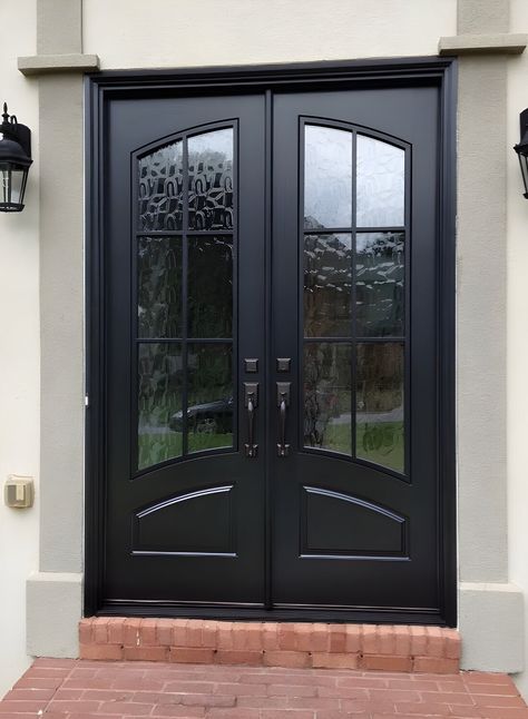 Chocolate Brown Front Door, Double Door Entryway Exterior, Double Front Entry Doors Modern, Iron Front Door Double, Double Doors Exterior Entrance, Exterior Double Door, Glass Double Doors, Front Entrance Doors, Modern French Farmhouse