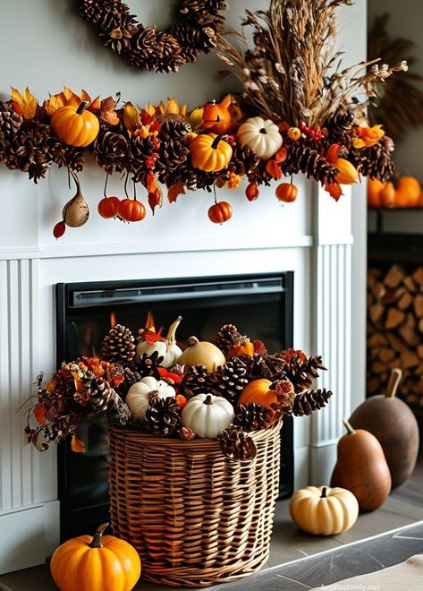 30 Cozy Fall Fireplace Decor Ideas for a Perfect Autumn Vibe 46 Cozy Fall Fireplace, Rustic Signage, Fireplace Decor Ideas, Fall Fireplace Decor, Fall Fireplace, Fall Leaf Garland, Pumpkin Display, Fall Mantle, Ideas Decoracion