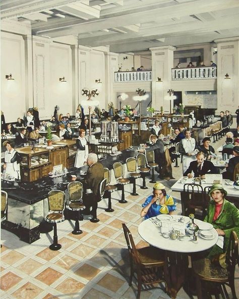 This is an illustration of what the interior of the Harvey house situated within Kansas City‘s union station might have looked like in the 1930s. It shows customers and employees looking up as if there was a photographer near the top of the high ceiling…It shows the lunch counter and several tables. Harvey House, Harvey Girls, Open Hotel, Girl Film, Train Stations, Concession Stand, Head Office, Union Station, House Restaurant