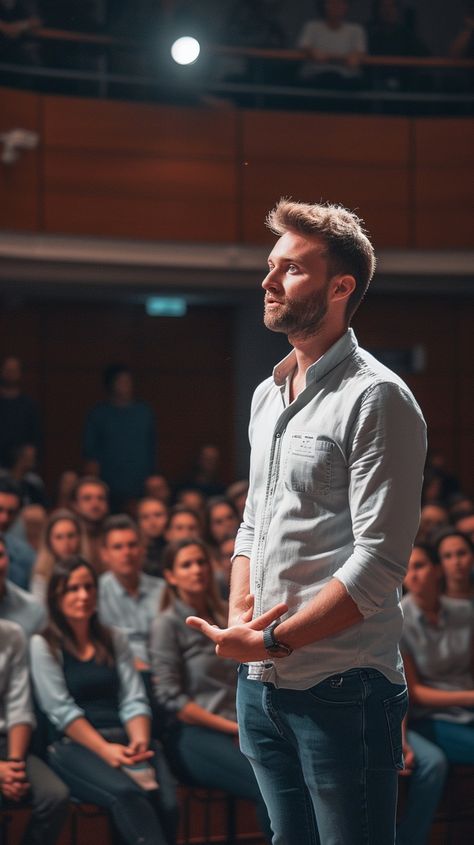 Confident Public Speaker: An engaging speaker delivers a presentation to an attentive audience in a formal auditorium setting. #speaker #audience #presentation #auditorium #public speaking #conference #stage #event #aiart #aiphoto #stockcake https://ayr.app/l/ZMJ2 Public Speaking Confidence, Seminar Photography, Speaker On Stage, Event Photography Ideas, Speaker Photography, Speaking On Stage, Conference Stage, Conference Photography, Future Board