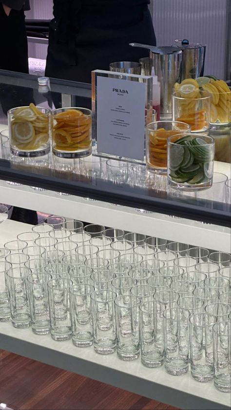 Spa Water at Prada event Fragrance Launch Event, Cool Marketing Ideas, Beauty Launch Party, Fashion Event Aesthetic, Pr Event Aesthetic, Sip And Shop Event Ideas, Influencer Event Aesthetic, Brand Launch Party, Event Activations