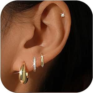 BESTEEL 4 Pairs Gold Silver Hoop Earrings Set for Women Small 14K Gold Filled Dainty Cartilage Huggie Earring Set for Multiple Piercing Hypoallergenic Flat Back Stud Earring Stacks Multiple Piercings Earrings, Earring Combo, Earring Stacks, Amazon Jewelry, Huggie Earring, Gold Filled Hoops, Glitter Earrings, Hoop Earring Sets, Jewelry Images