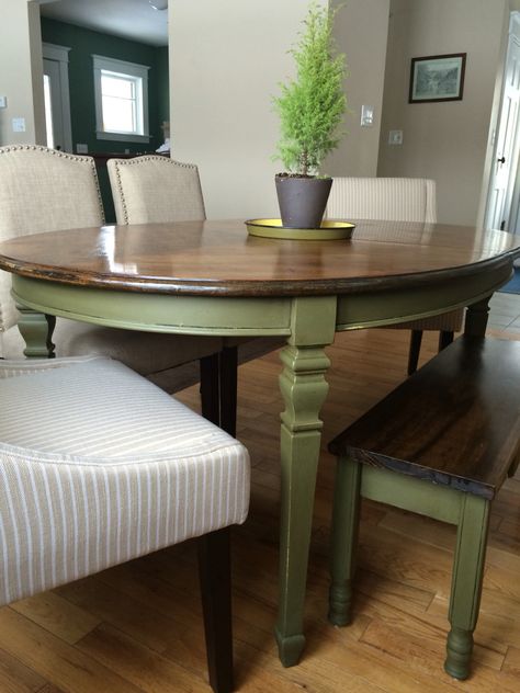 Annie Sloan Old Olive with dark wax Old Dining Room Table Makeover, Olive Green Dining Table, Olive Green Wood Furniture, Paint Old Table, Olive Green Kitchen Table, Green Dining Room Table, Olive Green Kitchen Table Chairs, Olive Wood Tables, Old Dining Table Makeover