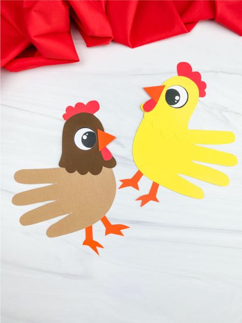 Want a fun farm animal craft for kids to make? This handprint chicken craft is perfect! Grab the free template on the blog and make it with kindergarten children. Handprint Chicken Craft, Chicken Arts And Crafts For Kids, Chicken Paper Craft, Chicken Diy Crafts, Chicken For Toddlers, Chicken Crafts For Kids, Chicken Handprint, Chicken Craft, Animal Crafts Preschool