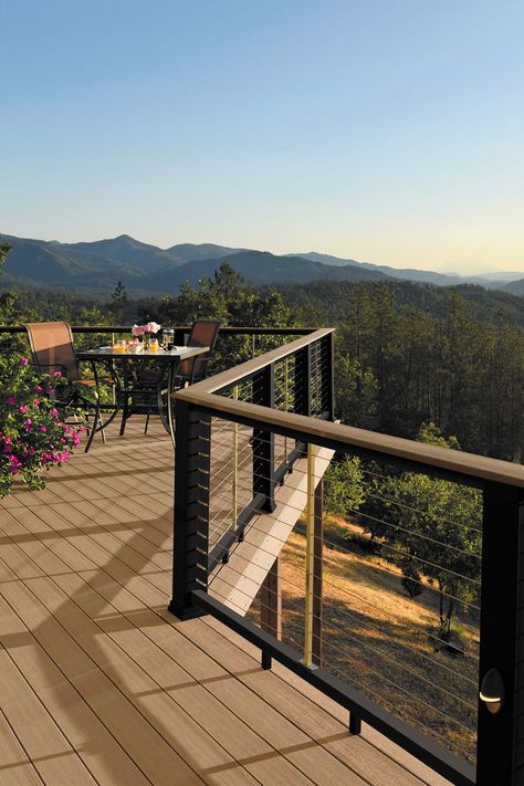 Trek Patio Ideas, Deck With A View, Deck Trends 2023, Extended Deck Ideas, Timbertech Tigerwood Deck, Mountain Deck Ideas, Coconut Husk Timbertech, Timber Tech Deck Ideas, Backyard Decking Ideas