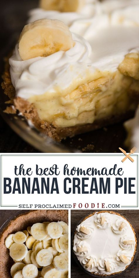 anana Cream Pie, with ripe bananas, homemade vanilla pudding, and a Nilla Wafer crust, is a true American classic when it comes to desserts. Each bite is a flavor explosion full of different textures that will send you right back to your youth. This is the best homemade Banana Cream Pie recipe you will find! #bananacreampie #nillawafers #vanillapudding #recipe #homemade #crust #withpudding Banana Custard Pie Recipe, Banana Easter Dessert, Easy Easter Pie Recipes, Easter Pie Dessert, Pies With One Crust, Homemade Thanksgiving Pies, Homemade Pie Filling Recipes, Banana Creme Pie Recipe, Banana Cream Pie Recipe From Scratch