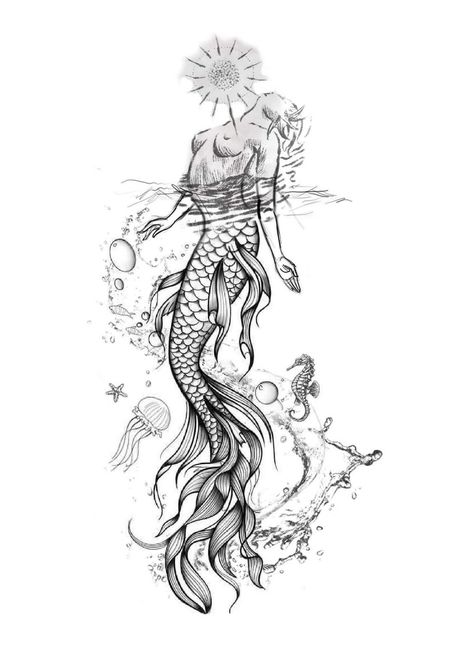 Mens Mermaid Tattoo, Mermaid Reaching Up, Mermaid Trident Tattoo, Siren Tattoo Dark Mermaid, Siren Mermaid Tattoos, Amanda Tattoo, Beautiful Mermaid Drawing, Black Mermaids, Mermaid Outline