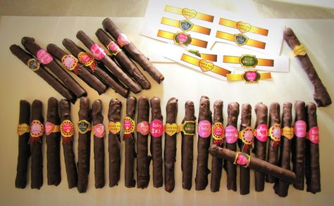 chocolate-coated pretzel cigars Pretzel Cigars Chocolate Covered, Pretzel Cigars, Whisky Party, Onederful Birthday, Chocolate Covered Pretzel, Chocolate Covered Pretzel Rods, Pretzel Rods, Havana Nights, Dinner And A Movie