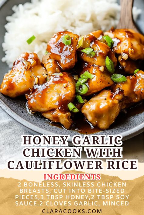 Honey Garlic Chicken with Cauliflower Rice Healthy Recipes Using Cauliflower Rice, One Pan Honey Garlic Chicken And Veggies, High Protein Cauliflower Rice Recipes, Cauliflower Rice And Chicken Recipes, Clean Recipes Dinner, Healthy Clean Dinner Recipes, Healthy Chicken And Rice Recipes, Healthy Clean Dinner, Light Healthy Dinner