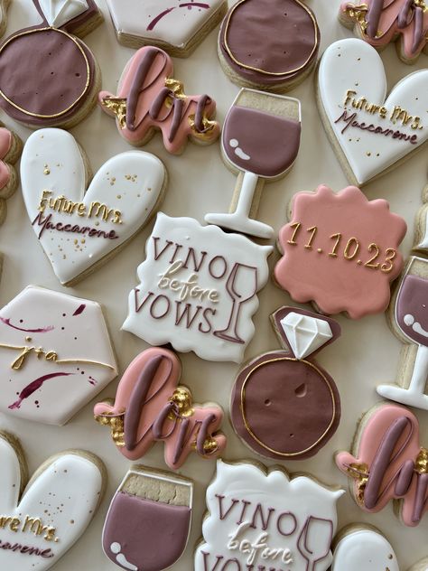 Wine Bridal Shower Cookies, Vino Before Vows Cookies, On Cloud Wine Bachelorette Decorations, Bachelorette Cookie Ideas, Bachelorette Sugar Cookies, Vino Before Vows Bachelorette, Bridal Shower Sugar Cookies, Shower Goals, Vino Before Vows