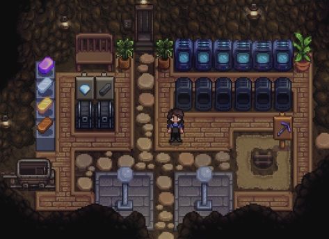 Stardew Valley Mining Farm Layout, Mining Stardew Valley, Stardew Furnace Area, Stardew Valley Mining Tips, Stardew Forge, Stardew Mines Decor, Stardew Mine Decor, Monster Farm Stardew Valley, Mines Stardew Valley