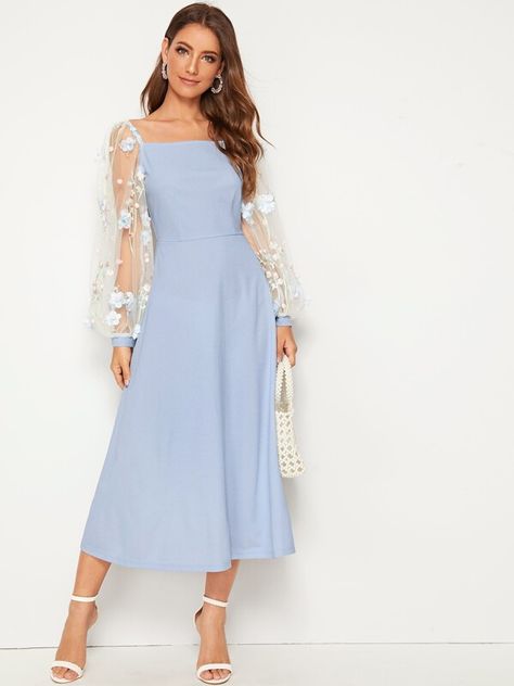 Embroidery Mesh Lantern Sleeve Flare Dress | SHEIN USA Renda Kebaya, Women Embroidery, Lantern Sleeve Dress, Shein Dress, Square Neck Dress, Lantern Sleeve, Embroidery Dress, Dress Plus Size, Fancy Dresses