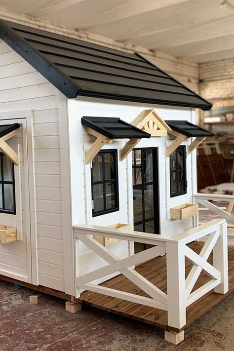 Farmhouse Playhouse, Kids Wooden Playhouse, Wooden Outdoor Playhouse, Playhouse Interior, Custom Playhouse, Kids Playhouse Outdoors, Wood Playhouse, Girls Playhouse, Playhouse Plans