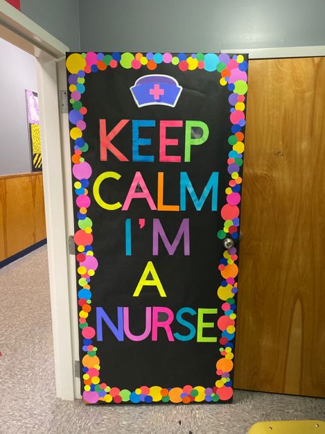 Nurse Station Decor Ideas, Nurse Office Door Ideas, Nurses Room School, Bulletin Board Ideas For School Nurse, Elementary School Clinic Decor, School Nurse Office Themes, Elementary Nurse Office Decor, Nurses Day Decoration Ideas, School Nurse Door Decoration Ideas