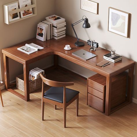 Latitude Run® Karha 3 Piece Solid Wood L-Shaped Desk And Chair Set Office Set with Chair | Wayfair Home Office Simple, Working Desk Ideas, Wooden Writing Desk, Home Office Furniture Sets, Shaped Desk, Design Desk, Chair Options, Seni Dan Kraf, Casa Vintage