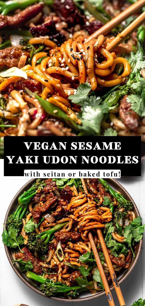 The vegan sesame yaki udon noodles are an easy and quick weeknight dinner. This stir fry has soft slurp-able udon noodles, high protein seitan 'beef' (or baked tofu), and broccolini all tossed in a sesame sauce. You could substitute in regular broccoli, rice noodles or another type of noodle you love! Top with cilantro and green onion for the perfect easy vegetarian & vegan dinner, lunch, or date night recipe. Broccoli Rice Noodles, Beef Udon Noodles, Seitan Beef, Vegan Udon, Beef Udon, Sesame Beef, Yaki Udon, Vegan Noodles, Revenge Body