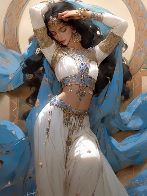 Jasmine Character Design, Arabic Princess Art, Arabic Princess Dresses, Arabian Princess Outfit, Arabic Princess Aesthetic, Arabic Clothes Women, Arabian Princess Fantasy Art, Arabian Clothing Woman, Arabian Women Outfits