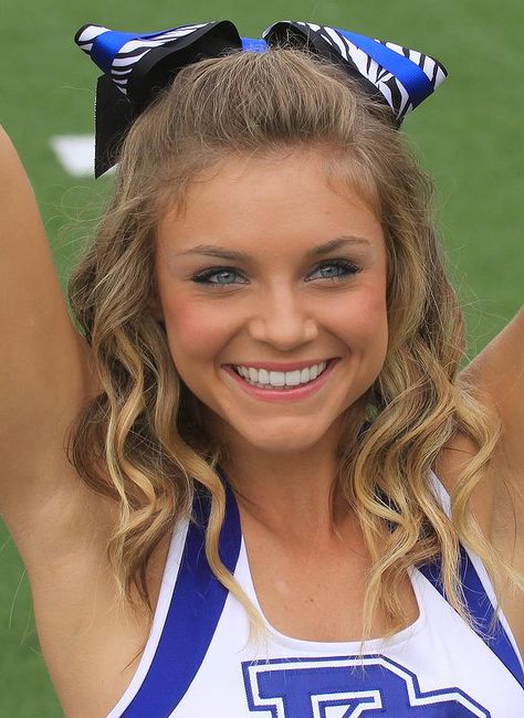 Presbyterian College Flyer Cheer Leader Hairstyles, Cute Game Day Hairstyles, Cute Cheer Hairstyles With Bow, Cute Cheer Hairstyles, Game Day Hairstyles, Presbyterian College, Cheer Hairstyles, College Cheerleader, Cheer Makeup