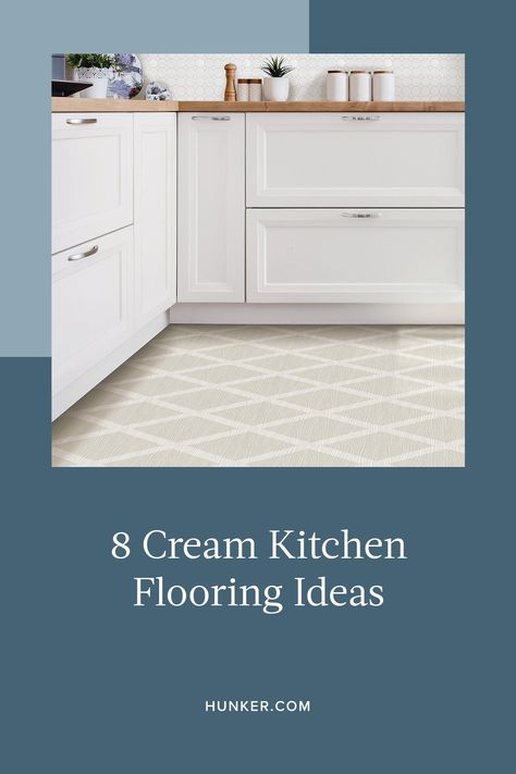 We've gathered a few cream kitchen flooring ideas to inspire you. From light hardwood to patterned tile, this hue can work with a variety of styles. #hunkerhome #flooring #kitchen #kitchenflooring #flooringideas Cream Kitchen Flooring Ideas, Farmhouse Tile Floor Kitchen, Kitchen Floor Ideas With White Cabinets, Ceramic Floor Tiles Kitchen, Beige Tile Kitchen Floor, Kitchen Tile Floor Next To Hardwood, Beige Tile Kitchen, Cream Tile Floor, Tan Flooring