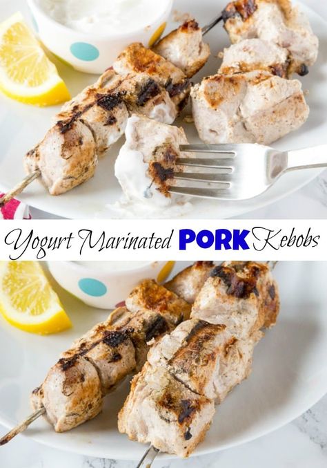 Yogurt Marinated Pork Chops, Pork Chop Recipes Greek Yogurt, Greek Yogurt Marinade For Pork, Pork Kabob Marinade, Best Greek Chicken Marinade Yogurt, Pork Kebobs, Greek Pork Kabobs, Greek Pork Tenderloin, Yogurt Lamb Marinade