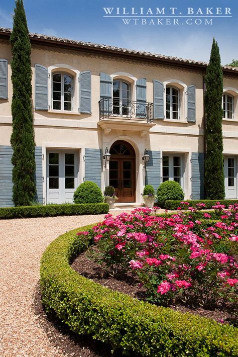 French Provincial Design, French Provincial Home, French Country Exterior, Cottage Front Doors, Tile Roof, Blue Shutters, Stucco Walls, Shutters Exterior, Casa Exterior