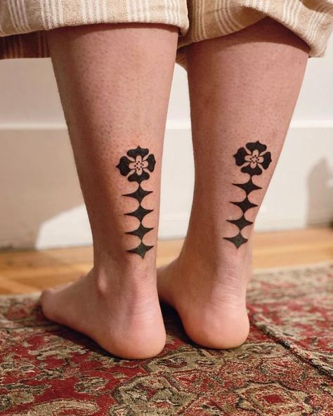 Tattoos On Back Of Leg, Symmetrical Calf Tattoo, Back Of Shin Tattoo, Small Leg Tattoo Placement, Symmetrical Ankle Tattoos, Delicate Leg Tattoo, Tattoo Women Placement, Symmetrical Shin Tattoo, Cat Tattoo Placement