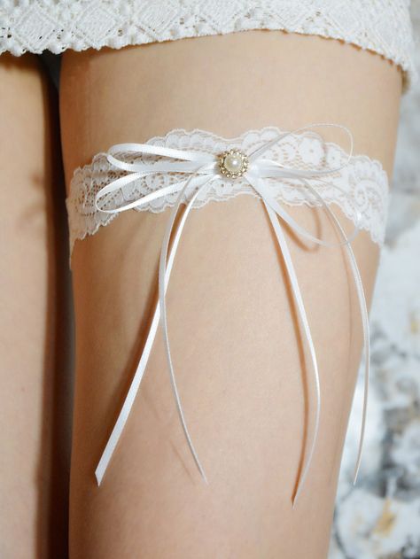 White    Lace Plain Garters Embellished   Weddings & Events Wedding Lengire, White Lace Garter, Elegant Veils, Bride Garter, Bridal Anklet, White Garters, Wedding Rituals, Pearl Decor, Bridal Garter