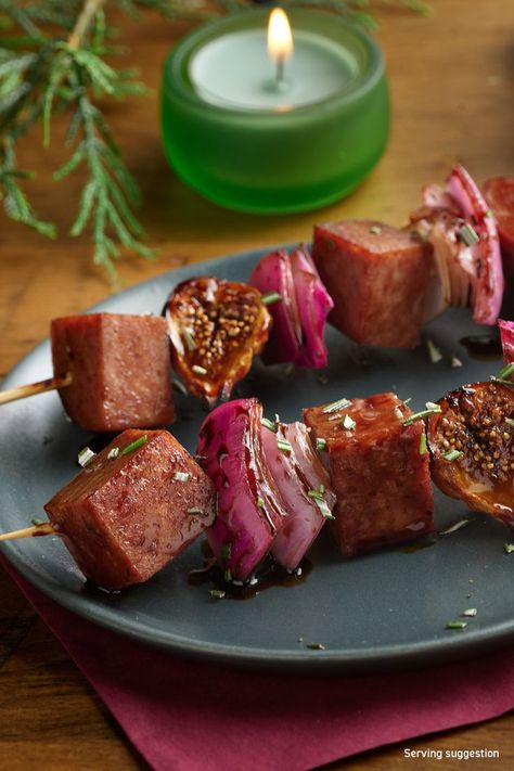 Tis’ the season for this porktastic appetizer: cubes of limited-edition SPAM® Figgy Pudding, dried figs and red onions glazed with balsamic and sprinkled with fresh chopped rosemary. Spam Appetizers, Figgy Pudding Recipe, Figgy Pudding, Dried Figs, Red Onions, Pudding Recipe, Skewers, Red Onion, Tis The Season