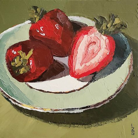 Original small oil painting of three red strawberries on a green and white plate against a green background. Painted with a palette knife in a contemporary loose impressionist style. Great home decor for the kitchen or dining room. Wonderful present for anniversaries, birthdays or housewarming. Available in online shop at ambiancepaintings.com. Bowl Of Strawberries Painting, Oil Painting Strawberry, Red Painting Ideas On Canvas, Strawberries Painting, Acrylic Painting Still Life, Painted Strawberries, Strawberry Painting, Fruit Sketch, Black Background Painting