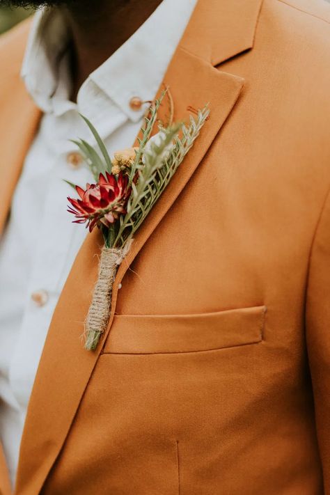 Orange Suit Wedding, Orange Suit Outfit, Orange Wedding Suit, Burnt Orange Suit, Lakeside Ceremony, Wedding Lakeside, Hip Wedding, Mac Face And Body, Lake Elopement