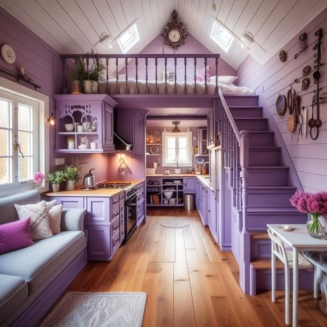 Tiny House Interior Ideas Maximize Space, Purple Camper Interior, Maximalist Tiny House, Tiny Home Ideas, Witch Purple, Unusual Houses, House Aesthetics, Brooklyn Navy Yard, Housing Ideas