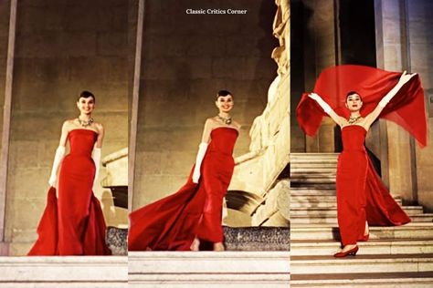 Funny Face Red Dress, Iconic Audrey Hepburn Looks, Audrey Hepburn Inspired Prom Dress, Audrey Hepburn Prom Dress, 1960s Red Dress, Old Hollywood Red Dress, Red Hollywood Dress, Audrey Hepburn Gown, Audrey Hepburn Dress Gowns