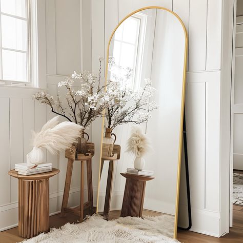 PRICES MAY VARY. 【Mirror Full Length】This full-length mirror, measuring 64" x 25", provides ample coverage for you to view your entire figure from head to toe, ensuring you look your best from every angle as you dress. Start your day with confidence overflowing! 【Gracefully Arched Design】The arched-top design adds a touch of sophistication and timeless elegance to any room, setting the full body mirror apart from traditional mirrors with its distinctive and eye-catching shape. 【High-Quality & Sa Body Length Mirror Decor, Gold Arch Mirror Living Room, Gold Floor Length Mirror Bedroom, Floor Mirror In Living Room Ideas, Floor Length Gold Mirror, Mirror Designs For Bedroom, Curved Mirror Wall, Floor Mirror Styling, Floor Mirror In Bedroom Decor