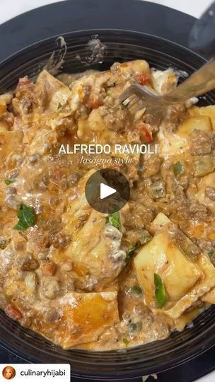 1.9K views · 262 reactions | Alfredo Ravioli (LASAGNA STYLE)😍

🎥 By: @culinaryhijabi

Recipe:

Meat sauce 
•1 lbs ground beef 
• 1 cup diced sweet peppers
• 1 diced onion 
• 1 Jar of pasta sauce 
• 1/2 Tbs chicken bouillon 
• Handful of fresh basil 
 
Alfredo Sauce:
•3 cups of heavy cream 
•1 Tbs bouillon 
• 1/2 cup shaved parmasean cheese 
• 1 cup shredded mozzarella cheese 
Let it simmer until sauce thickens then remove it from the heat.

Layer pasta and meat sauce just like you would with lasagna than pour the home made Alfredo sauce on top & finish it off by sprinkling mozzarella cheese. 
Bake in the oven at 375 for 15 mins then broil on low for 2-3 mins

#recipe #familydinner❤️ #instafood #easymeals #ravioli #alfredo #alfredopasta #pastarecipe #raviolirecipe #foodporn #foodie #food Basil Alfredo Sauce, Pasta And Meat Sauce, Ravioli Alfredo, Alfredo Ravioli, Layered Pasta, Make Alfredo Sauce, Peach Dessert, Ravioli Lasagna, Peach Dessert Recipes