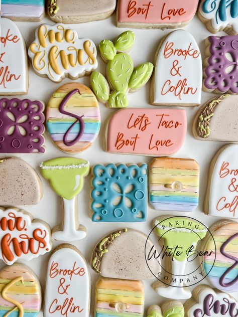 Fiesta Wedding Cookies, Taco Bout Love, Fiesta Wedding Theme, Mexican Cookies, Mexican Inspired Wedding, Wedding Shower Cookies, Wedding Shower Themes, Sugar Cookie Icing, Fiesta Wedding