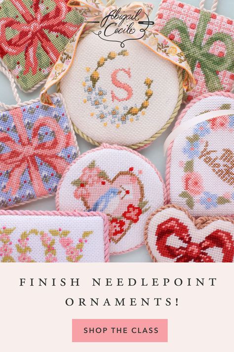 Tired of waiting on finishers? Learn how to finish needlepoint ornaments in this class that takes you step by step through the entire process! The class kit includes everything you need plus a blank canvas to learn on, taking away the pressure of finishing your own stitching for the first time. Start finishing here! Finish needlepoint projects, finishing odd shape ornament, finishing tutorials, hanging sign, finishing services, needlepoint finishing idea, self finishing, finishing needlepoint. Needlepoint Finishing Tutorials, Needle Point Ornaments, Needlepoint Finishing Ideas, Needlepoint For Beginners, Finishing Needlepoint, Painting A Canvas, How To Needlepoint, Needlepoint Inspiration, Needlepoint Finishing