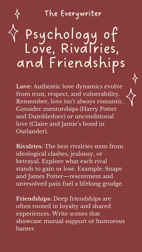 Unlock the secrets behind unforgettable relationships in your novel with our guide on the Psychology of Love, Rivalries, and Friendships. Discover writing tips to create deep, realistic bonds, tense rivalries, and captivating love stories that readers can’t put down. Perfect for writers looking for inspiration, character development ideas, or quick tips to craft page-turning novels. Get ready to dive into the emotions that make characters unforgettable!  Writing tips, character development Writing Romance Subplot, Love Triangle Writing Tips, Friendship Book Ideas Pages, Romance Novel Title Ideas, Secret Relationship Prompts, Writing Friendships, Romance Book Ideas, Psychology Of Love, Novel Writing Outline